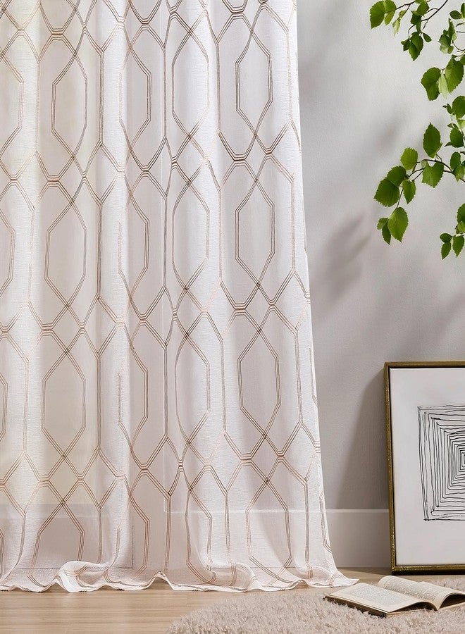 SEEKRIGHT Beige and White Geometry Sheer Curtains 96 Inches Long 2 Panels for Living Room Office Embroidered Geometric Hexagon Curtains Light Filtering Rod Pocket Neutral Moroccan Tile Lattice Drapes, 50x96 - Image 4